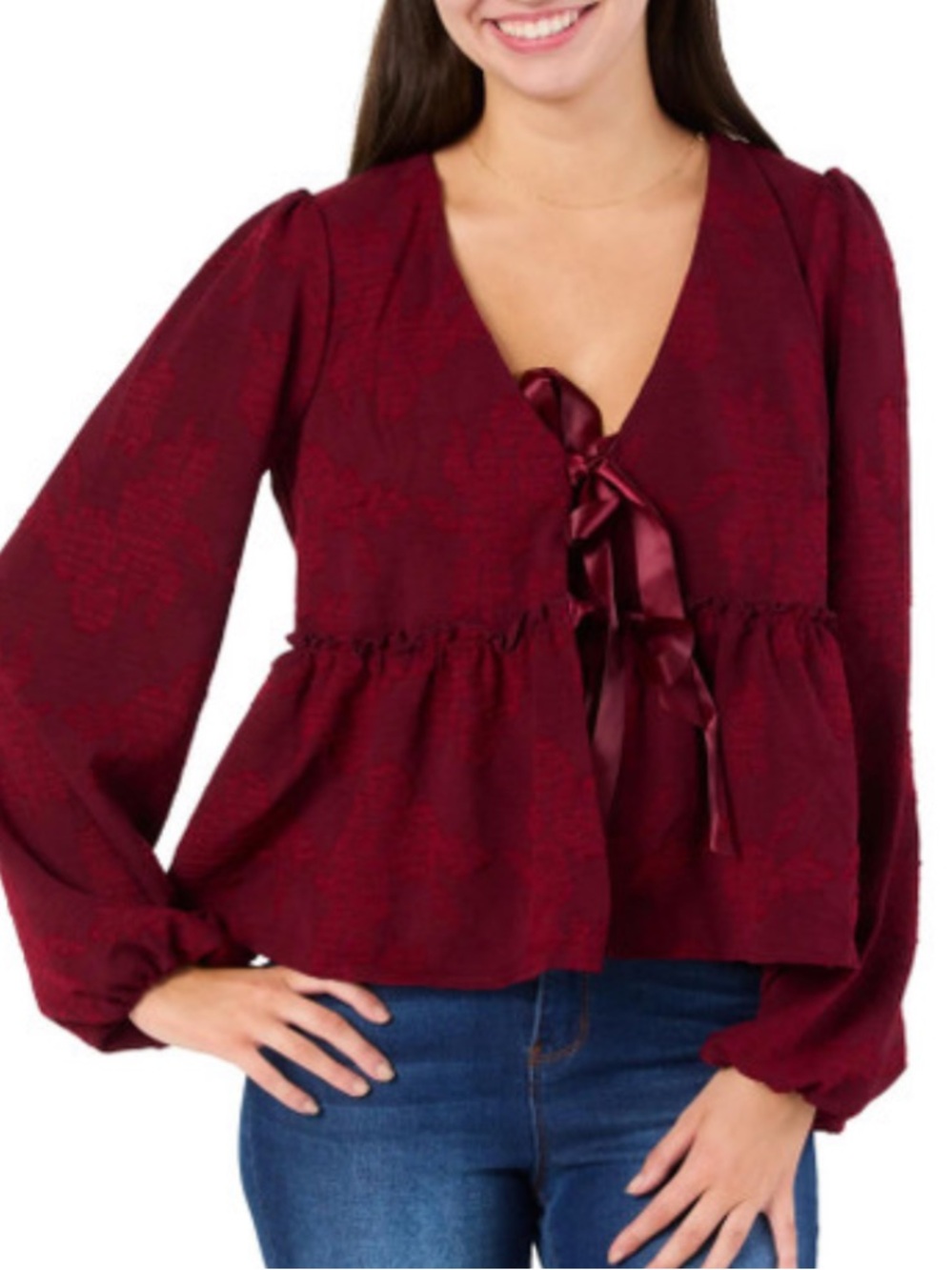 NWT Trixxi Burgundy Jacquard Tie-Front Peplum Blouse Size S